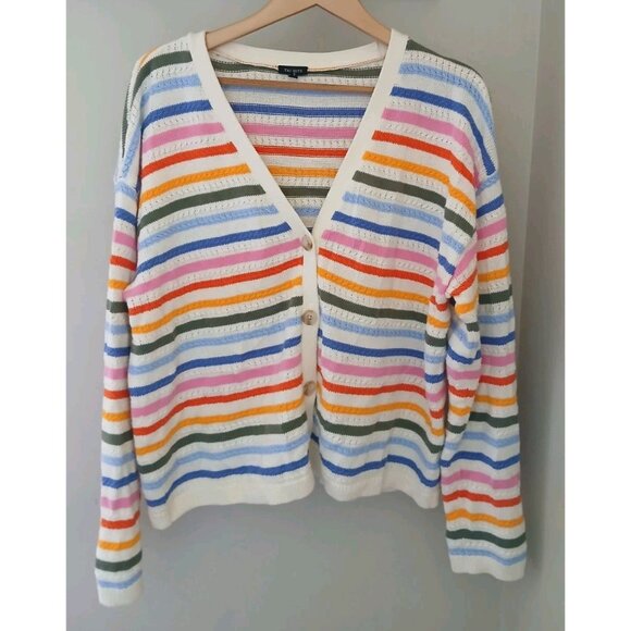 Talbots Multi Stripe V Neck Cardigan Sweater Size XL White Ribbed Cotton - Picture 1 of 9
